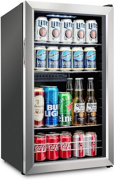 a mini fridge with many different types of sodas in the front and side doors