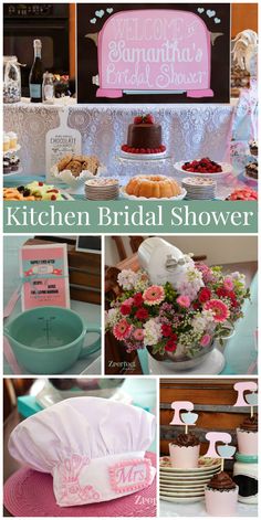 the kitchen bridal shower is set up with pink and white flowers, cake, napkins