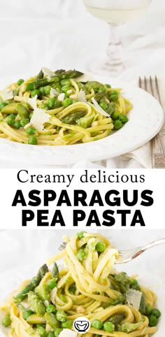 pasta with asparagus and parmesan cheese is served on a white plate