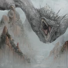 a dragon with its mouth open in front of mountains