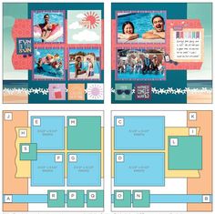 a layout for a pool party with pictures and text on the front, side and back