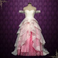 Barbie Pink Ombre Lace Tiered Ball Gown Wedding Dress | ERIS Pink Black Wedding Dress, Pink And Red Wedding Dress, Barbie Inspired Wedding Dress, Pink Victorian Wedding Dress, Pink And Black Wedding Dress, Pink And White Wedding Dress, Pink And White Gown, Barbie Pink Color, Pink And White Weddings