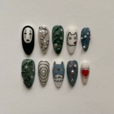 Totoro Nails, Ghibli Nails, Japan Nail Art, Nails Pearl, Japan Nail, Nails Press Ons, Nails Heart, Fake Nails Designs, Korean Nail Art