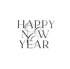 the words happy new year written in black ink on a white background with an ornate font