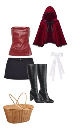 four pieces of clothing including a red cape, black skirt and boots