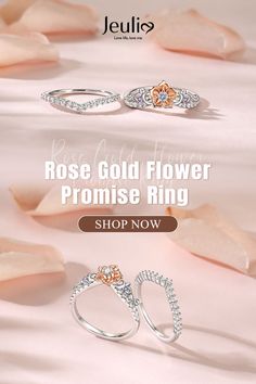 Embark on a journey of timeless elegance with our exquisite flower promise ring set by two-tone and sterling silver. The centerpiece of this promise ring set is a ring adorned with a graceful peach flower design, expertly crafted in a delicate silver hue. Promise Ring Set, Rose Gold Flower, Peach Flowers, Gold Flower, Promise Ring, Flower Design, Promise Rings