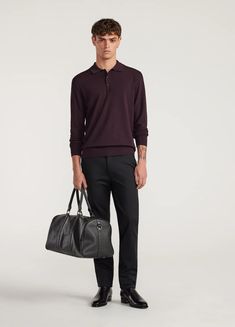 Long Sleeved Tech Knit Polo Aubergine - Calibre Menswear Long Sleeve Merino Wool Polo Sweater With Ribbed Collar, Black Polo Collar Sweater With Ribbed Detail, Textured Knit Collared Polo Shirt, Long Sleeve Knit Polo Men, Classic Polo Collar T-shirt With Button Closure, Mens Long Sleeve, Brand New