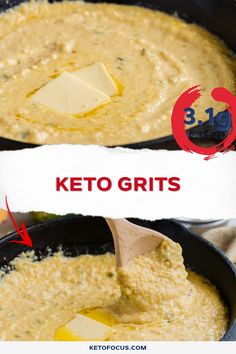 two pictures showing how to make keto grits in skillets with cheese on top