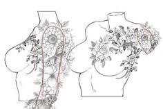 the back and side view of a woman's torso with flowers on it