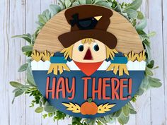 a wooden sign that says hay there with a scarecrow on it's face