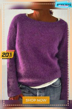 a woman wearing a purple sweater and jeans with the words 20 % off on it