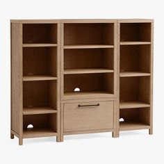 an open bookcase with two drawers on each side