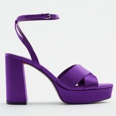 Zara Purple Satin Chunky Heel Platform Sandals Size Eu 41, Us 10 Zara Purple Satin Chunky Heel Platform Sandals With Wide Crossed Straps, Buckled Strap Closure At The Ankle. Airfit Technical Flexible Latex Foam Insole Designed To Offer Increased Comfort. Heel Height: 4.5 Inches (11.5 Cm). New Without Box, Bought In Store (Means They Have Been In A Retail Setting) Might Have Signs From Being Handled Or Tried Material: Please See Photos For Materials Tag Colors May Slightly Vary From Photography L Chunky Heel Platform Sandals, Insole Design, Photography Lighting, Platform Heels Chunky, Purple Satin, Take Your Time, Zara Shoes, Light Photography, Chunky Heel