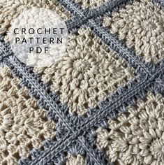 the crochet pattern is shown in grey, white and beige colors with an oval overlay