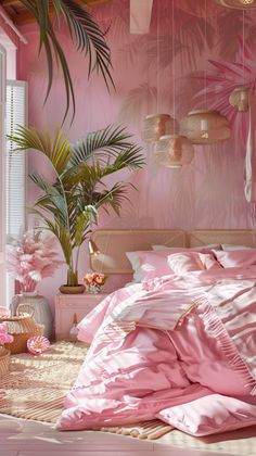 a bedroom decorated in pink and gold with palm trees on the wall, bedding and pillows