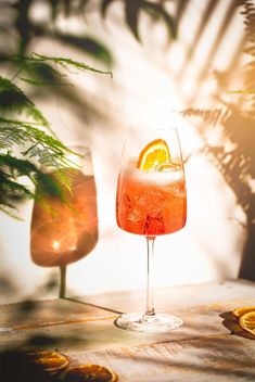 two glasses filled with drinks sitting on top of a wooden table next to some plants