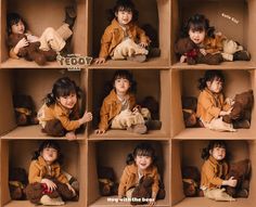 there are many pictures of young children in the same box, each with their own stuffed animals