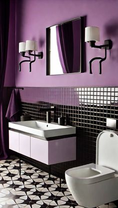 a bathroom with purple walls and black and white tile flooring, two mirrors above the sinks