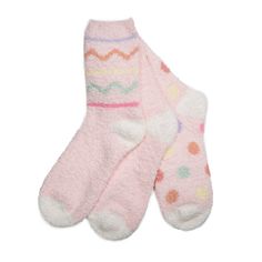 Super soft, fuzzy sock set. These sock sets include 3 pairs of patterned socks. These fuzzy socks will keep you cozy and warm. A great stocking stuffer!! Get all six color sets for extra gift options!Details & Care One Size 99% Polyester, 1% Spandex Height 7.5″ Wash cold. Tumble dry. Imported Cozy Soft Socks As Stocking Stuffers, Cute Super Soft Socks For Indoor, Playful Super Soft Socks For Winter, Playful Soft Socks For Winter, Cozy Super Soft Socks As Gift, Cute Super Soft Indoor Socks, Comfy Pink Socks For Stocking Stuffers, Trendy Soft Socks For Stocking Stuffers, Cozy Multicolor Socks As Gift