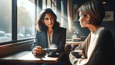 two women sitting at a table with coffee in their hands and looking out the window