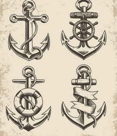 four different anchor tattoos on a white background