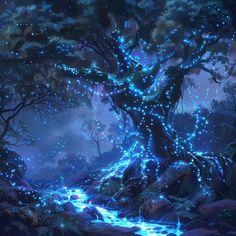 a painting of a tree in the middle of a forest with blue lights on it