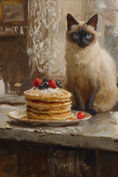 Cats Oil Painting, Fall Cat Painting, Animals Oil Painting, Cat Eye Painting, Breakfast Nook Decor, Cat Oil Painting, Cafe Wall Decor, Stack Of Pancakes, Creative Drawings