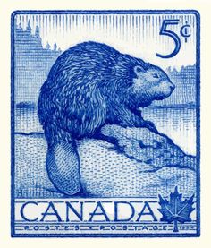 a stamp with the image of a beaver on it's back and blue ink