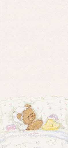 a teddy bear laying on top of a bed next to a white wall with pink flowers