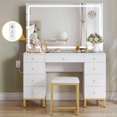 a white dressing table with a mirror and stool next to it on a hard wood floor