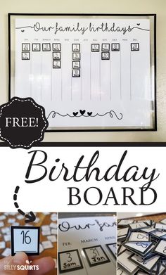 a birthday board with the words, free printables and pictures to make it look like