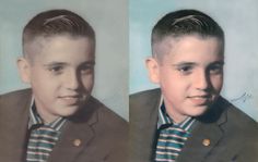 an old photo of two young boys in suits and ties, one wearing a striped shirt