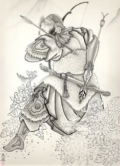 a black and white drawing of a woman with an arrow