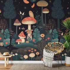 a living room with mushrooms and plants on the wall, in front of a black background