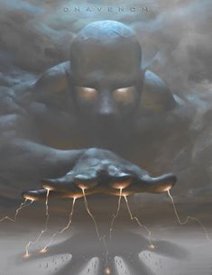 an image of a man with his hands in the air and lightning coming out from behind him