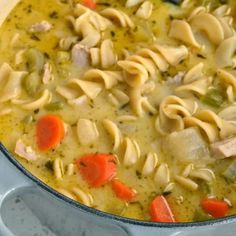 chicken noodle soup with carrots and celery in a pot