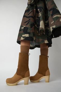 No.6 9" Pull On Shearling Clog Boot on High Heel in Copper – No.6 Store Clog Boots, Shearling Boots, Heel Caps, 70s Inspired, Cold Day, High Heel, Clogs, Looks Great, High Heels