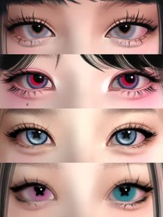 four different types of blue eyes with long black hair and pink eyelashes, all showing the same