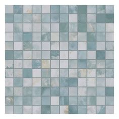 a blue and white mosaic tile wallpaper with lots of small squares on the bottom