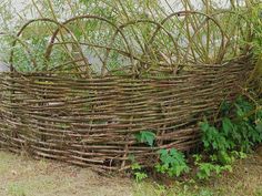 a basket made out of branches sitting in the grass