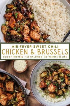 chicken and brussel with rice in a white bowl on a wooden table top