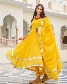 Dress Set Anarkali Style - Shaili - www.riafashions.com Yellow Anarkali Cotton Silk Kurta, Yellow Mulmul Palazzo Set With Zari Work, Yellow Anarkali Churidar In Cotton Silk, Yellow Cotton Silk Anarkali Set With Cutdana, Yellow Mulmul Sharara With Traditional Drape, Traditional Cotton Lawn Suit With Gota Work, Yellow Mulmul Palazzo Set With Cutdana, Diwali Anarkali Set With Cutdana In Mulmul, Yellow Mulmul Palazzo Set With Cutdana Details