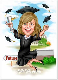 a woman in graduation cap and gown jumping with her arms up while holding a diploma