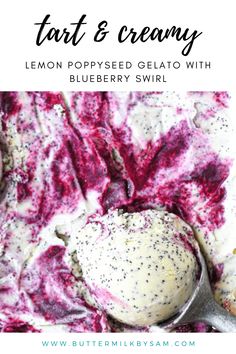 blueberry swirl ice cream with poppy seed sprinkles on top and text overlay that reads, tart & creamy lemon poppyseeed gelato with blueberry swirl