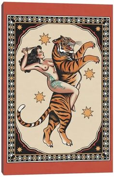 an image of a tiger with a woman on it's back and stars in the background