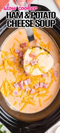 ham and potato cheese soup in a black bowl with a ladle on the side