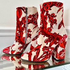 Dries Van Noten Floral And Velvet Ankle Boots Size 37 (Us 7.5) Red High Ankle Boots For Spring, Spring Ankle Boots With Red Sole, Red Block Heel Boots For Spring, Red Booties For Spring, Red Ankle-high Booties For Spring, Red Ankle Boot Heeled Boots For Spring, Designer Spring Boots With Block Heel, Designer Block Heel Boots For Spring, Designer Red Boots For Fall