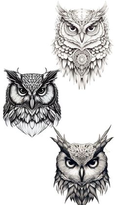 three owls are shown in black and white, each with an owl's head