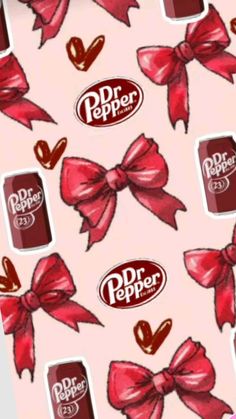 a pink background with red bows and dr pepper's candy bar stickers on it