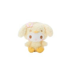 a white stuffed animal with a pink flower on it's head and legs, sitting in front of a white background